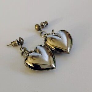 Vintage Silver Tone Puffy Heart Dangle Earrings